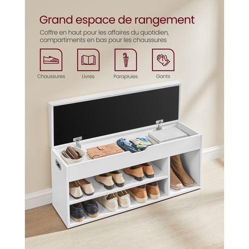 Banc à Chaussures Rembourré, 3 Compartiments, Rangement Caché, Capacité De Charge 136 Kg, Blanc