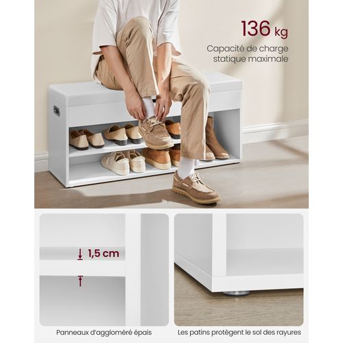 Banc à Chaussures Rembourré, 3 Compartiments, Rangement Caché, Capacité De Charge 136 Kg, Blanc