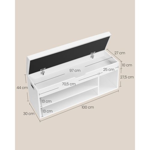 Banc à Chaussures Rembourré, 3 Compartiments, Rangement Caché, Capacité De Charge 136 Kg, Blanc