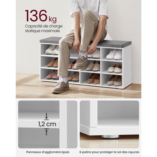 Banc à Chaussures, Avec Siège, Avec Coussin Et 12 Compartiments, 30,3 X 104 X 48 Cm, Blanc Classique