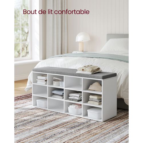 Banc à Chaussures, Avec Siège, Avec Coussin Et 12 Compartiments, 30,3 X 104 X 48 Cm, Blanc Classique
