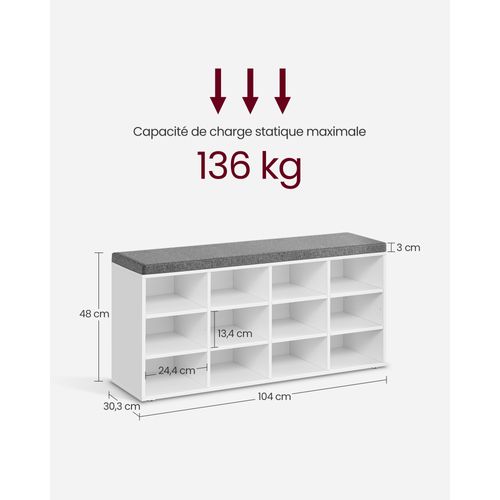 Banc à Chaussures, Avec Siège, Avec Coussin Et 12 Compartiments, 30,3 X 104 X 48 Cm, Blanc Classique