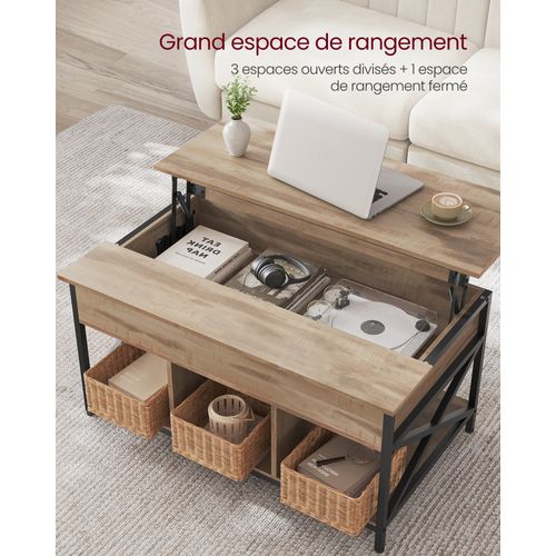 Table Basse, Table De Salon Avec Plateau Relevable, 60 X 100 X (48-62) Cm, Marron Chêne Et Noir