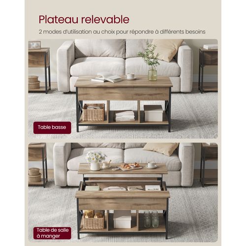 Table Basse, Table De Salon Avec Plateau Relevable, 60 X 100 X (48-62) Cm, Marron Chêne Et Noir