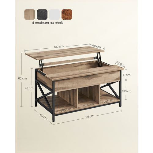 Table Basse, Table De Salon Avec Plateau Relevable, 60 X 100 X (48-62) Cm, Marron Chêne Et Noir