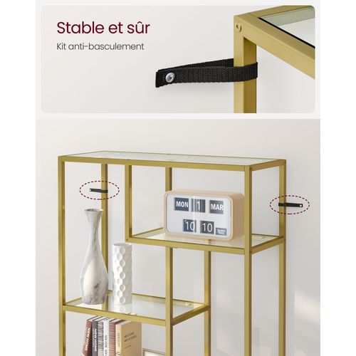 Étagère De Rangement, Bibliothèque, 6 Niveaux, 30 X 80 X 180 Cm, Verre Trempé, Doré Métallique