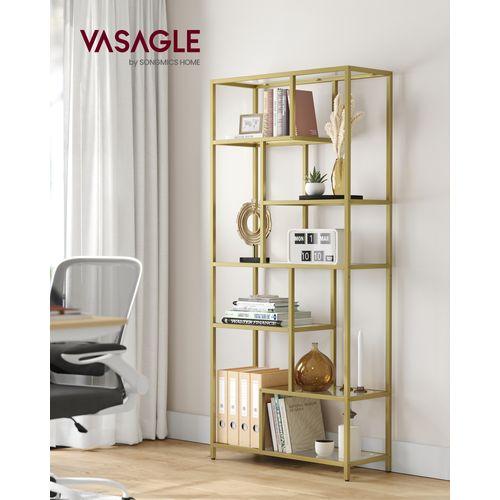 Étagère De Rangement, Bibliothèque, 6 Niveaux, 30 X 80 X 180 Cm, Verre Trempé, Doré Métallique