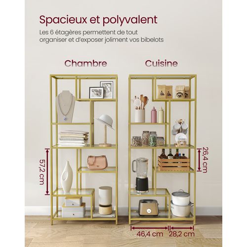 Étagère De Rangement, Bibliothèque, 6 Niveaux, 30 X 80 X 180 Cm, Verre Trempé, Doré Métallique
