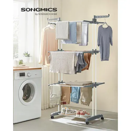étendoir à Linge Mobile à 4 Niveaux, Avec Roulettes, Pliable, 64 X 126 X 172 Cm, Blanc