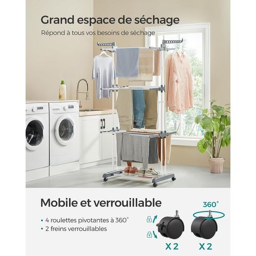 étendoir à Linge Mobile à 4 Niveaux, Avec Roulettes, Pliable, 64 X 126 X 172 Cm, Blanc
