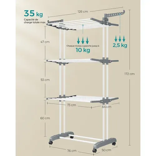 étendoir à Linge Mobile à 4 Niveaux, Avec Roulettes, Pliable, 64 X 126 X 172 Cm, Blanc