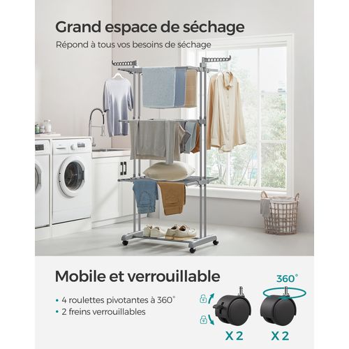 Étendoir à Linge à 4 Niveaux,  Pliable, 63,5 X 128 X 173 Cm, Grande Capacité,  Gris