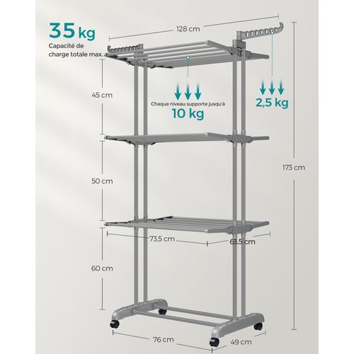 Étendoir à Linge à 4 Niveaux,  Pliable, 63,5 X 128 X 173 Cm, Grande Capacité,  Gris
