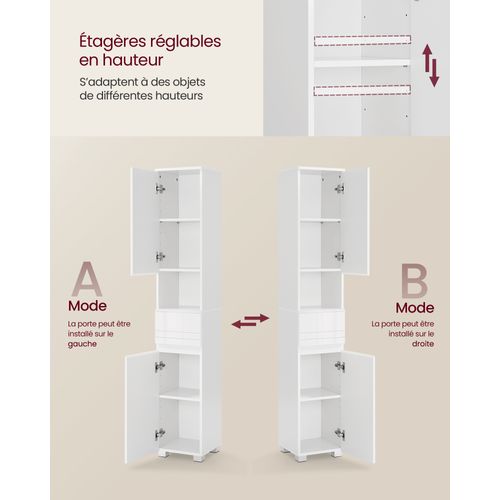 Colonne De Salle De Bain, Avec Tiroir, Étagères Réglables, Compartiments, 30 X 30 X 170 Cm, Blanc