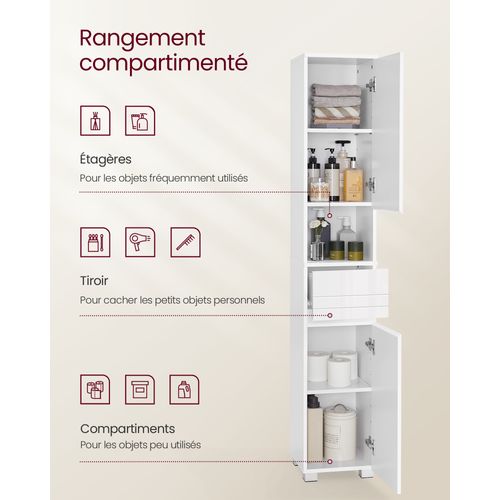 Colonne De Salle De Bain, Avec Tiroir, Étagères Réglables, Compartiments, 30 X 30 X 170 Cm, Blanc