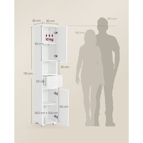 Colonne De Salle De Bain, Avec Tiroir, Étagères Réglables, Compartiments, 30 X 30 X 170 Cm, Blanc