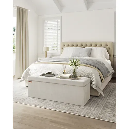 Banc De Rangement, Pouf En Velours, 38 X 110 X 38 Cm, Capacité De Charge 300 Kg, Blanc Crème