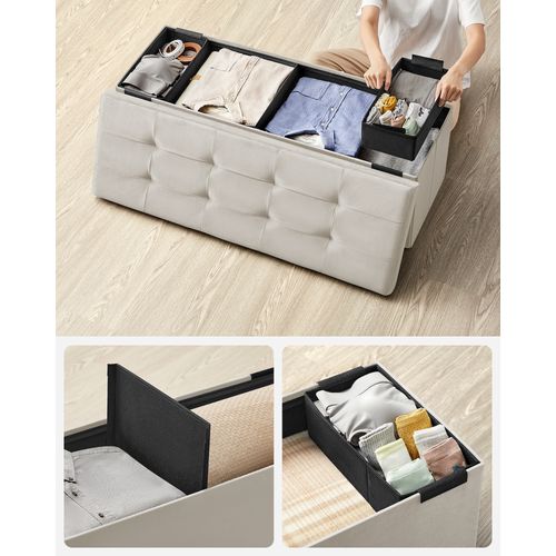 Banc De Rangement, Pouf En Velours, 38 X 110 X 38 Cm, Capacité De Charge 300 Kg, Blanc Crème