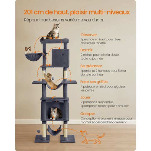 Arbre à Chat 124 Cm Forme Sapin De Noël - Maison, Griffoir, Jouets Suspendus - Pour Chats, Robuste, Thème Festif - Sisal, Peluche, Bois FSC