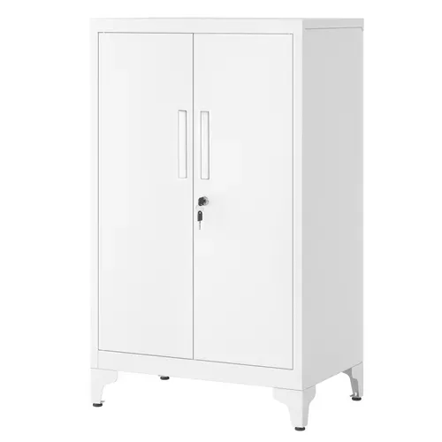 Armoire De Bureau à 2 Portes, Verrouillable, Meuble De Rangement En Acier, Blanc Mat