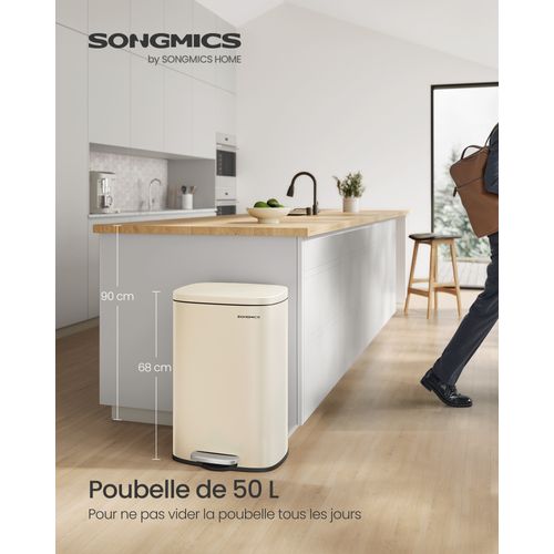 Poubelle Cuisine 50l, Fermeture En Douceur, Avec Pédale, En Acier, Seau Intérieur, Beige Sable