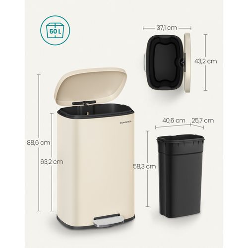 Poubelle Cuisine 50l, Fermeture En Douceur, Avec Pédale, En Acier, Seau Intérieur, Beige Sable