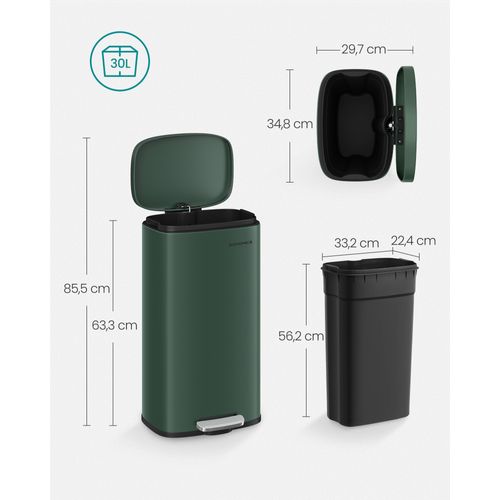 Poubelle De Cuisine 30l, Avec Couvercle à Fermeture En Douceur, Seau Intérieur, En Acier, Vert Rétro