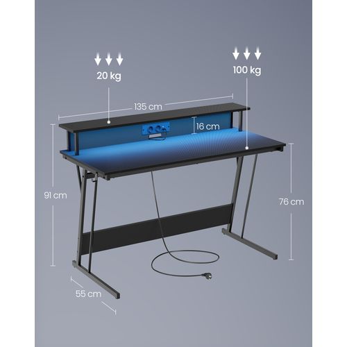 VASAGLE Bureau Gaming LED Avec Multiprise - Table Gamer Ergonomique Rehausseur Écran 2 Ordinateurs, 60 X 120 X 76 Cm Noir Carbone LWD192B02