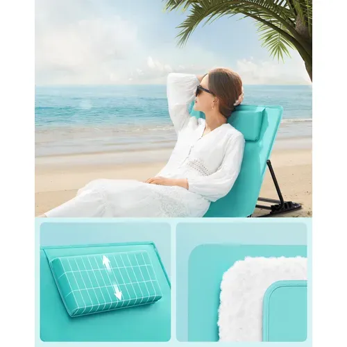 Lot De 2, Chaise Longue, Avec Appui-tête, Dossier Inclinable, Portable, Avec Bandoulières, Bleu Lac