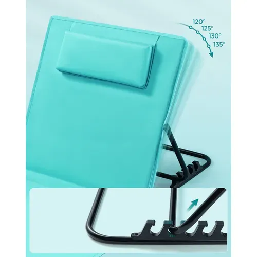 Lot De 2, Chaise Longue, Avec Appui-tête, Dossier Inclinable, Portable, Avec Bandoulières, Bleu Lac