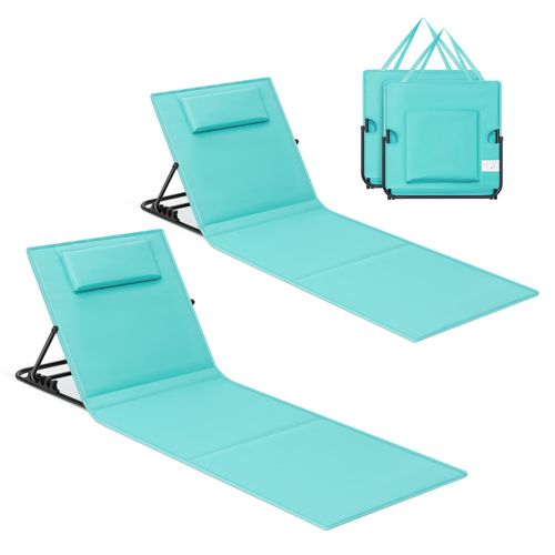 Lot De 2, Chaise Longue, Avec Appui-tête, Dossier Inclinable, Portable, Avec Bandoulières, Bleu Lac