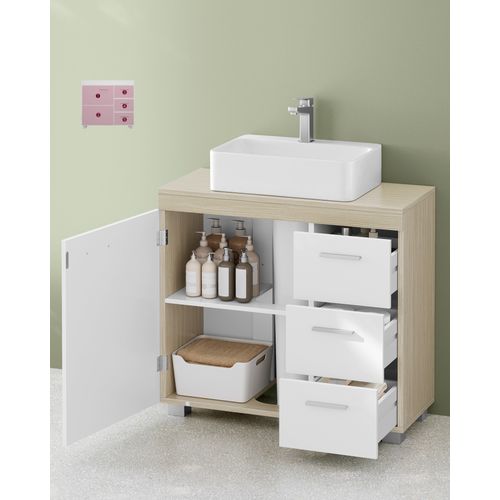 Meuble Sous Lavabo, 3 Tiroirs Latéraux, Pour Lavabos Sur Colonne, Avec Pieds, Blanc Et Beige