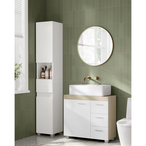 Meuble Sous Lavabo, 3 Tiroirs Latéraux, Pour Lavabos Sur Colonne, Avec Pieds, Blanc Et Beige