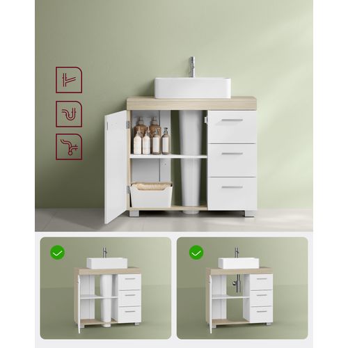 Meuble Sous Lavabo, 3 Tiroirs Latéraux, Pour Lavabos Sur Colonne, Avec Pieds, Blanc Et Beige