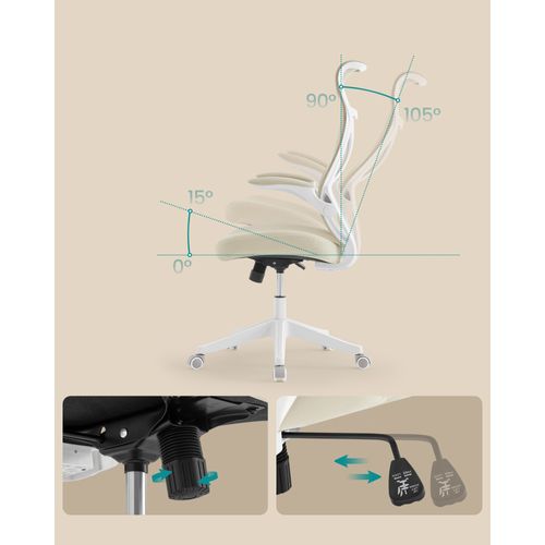 Chaise De Bureau, Réglable En Hauteur, Accoudoirs Rabattables, Pivotante Avec Appui-tête, Beige