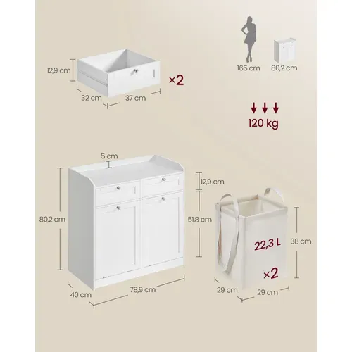 Meuble De Salle De Bain, 2 Tiroirs Et 2 Paniers à Linge, 40 X 78,9 X 80,2 Cm, Blanc Nuage