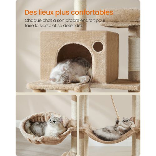 Arbre à Chat, Hauteur 203.5 cm, 13 Griffoirs, Multi-niveaux pour Chat d'Intérieur, Marron Camel