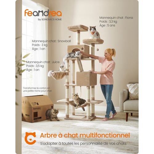 Arbre à Chat, Hauteur 203.5 cm, 13 Griffoirs, Multi-niveaux pour Chat d'Intérieur, Marron Camel
