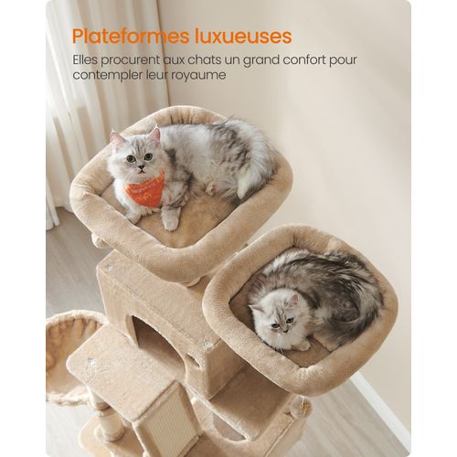 Arbre à Chat, Hauteur 203.5 cm, 13 Griffoirs, Multi-niveaux pour Chat d'Intérieur, Marron Camel