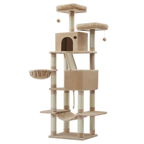 Arbre à Chat, Hauteur 203.5 cm, 13 Griffoirs, Multi-niveaux pour Chat d'Intérieur, Marron Camel