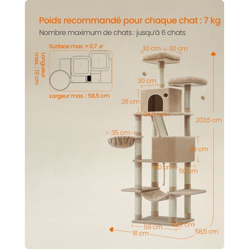 Arbre à Chat, Hauteur 203.5 cm, 13 Griffoirs, Multi-niveaux pour Chat d'Intérieur, Marron Camel