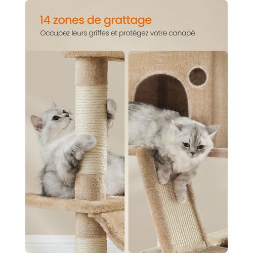Arbre à Chat, Hauteur 203.5 cm, 13 Griffoirs, Multi-niveaux pour Chat d'Intérieur, Marron Camel