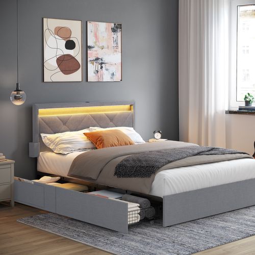 Lit 140 X 190 Cm, LED, 4 Tiroirs, Tête De Lit Rembourrée Ajustable, Gris Clair Et Noir Mat