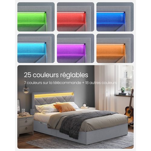 Lit 140 X 190 Cm, LED, 4 Tiroirs, Tête De Lit Rembourrée Ajustable, Gris Clair Et Noir Mat