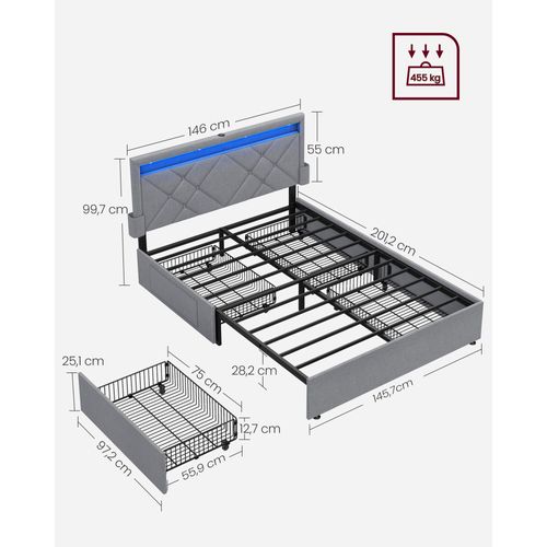 Lit 140 X 190 Cm, LED, 4 Tiroirs, Tête De Lit Rembourrée Ajustable, Gris Clair Et Noir Mat