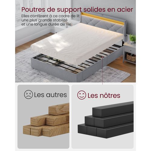 Lit 140 X 190 Cm, LED, 4 Tiroirs, Tête De Lit Rembourrée Ajustable, Gris Clair Et Noir Mat