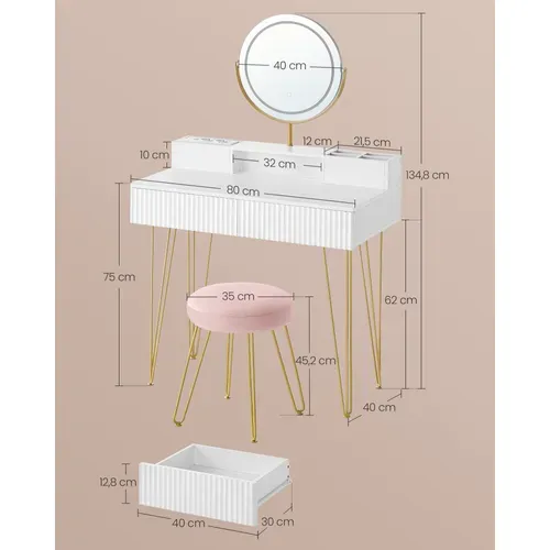 Coiffeuse Avec Miroir Pivotant Et Tabouret, Avec Éclairage Et Multiprise, Blanc Et Doré