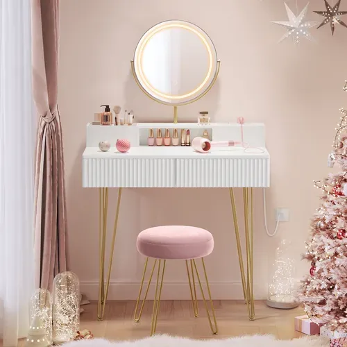 Coiffeuse Avec Miroir Pivotant Et Tabouret, Avec Éclairage Et Multiprise, Blanc Et Doré