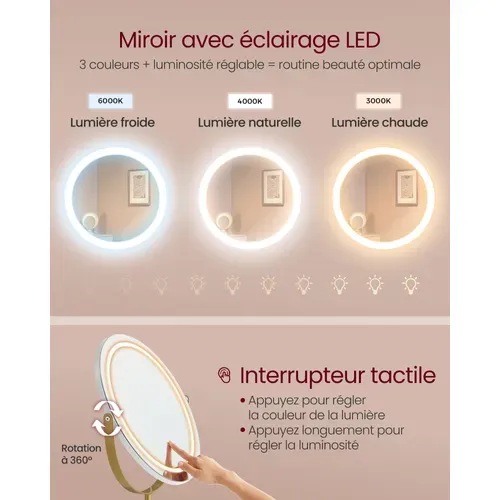 Coiffeuse Avec Miroir Pivotant Et Tabouret, Avec Éclairage Et Multiprise, Blanc Et Doré