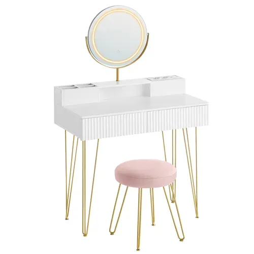 Coiffeuse Avec Miroir Pivotant Et Tabouret, Avec Éclairage Et Multiprise, Blanc Et Doré